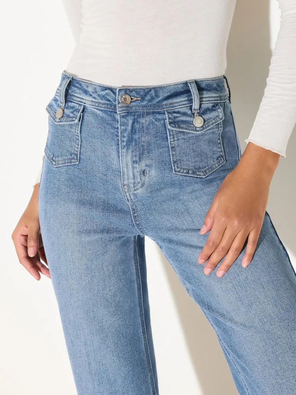 Online Friends Like These Petite Pocket Tailored Wide Leg Jeans Mid Blue Denim