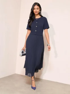 Outlet Friends Like These Button Down 2-In-1 Pleated Dress Navy
