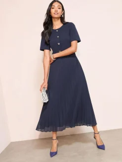 Outlet Friends Like These Button Down 2-In-1 Pleated Dress Navy