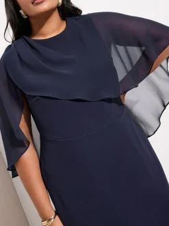 Friends Like These Navy Curve Asymmetric Chiffon Cape Scuba Midi Dress^Women Occasion Dresses