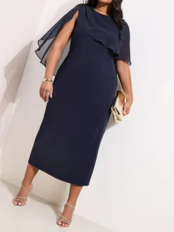 Friends Like These Navy Curve Asymmetric Chiffon Cape Scuba Midi Dress^Women Occasion Dresses