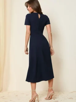 Hot Friends Like These Tab Detail Short Sleeve Midi Tailored Dress Navy