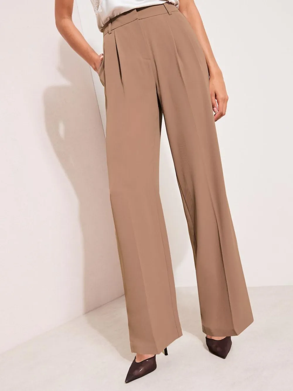 Outlet Friends Like These Petite Premium Elastic Back Tailored Wide Leg Trousers Neutral Latte
