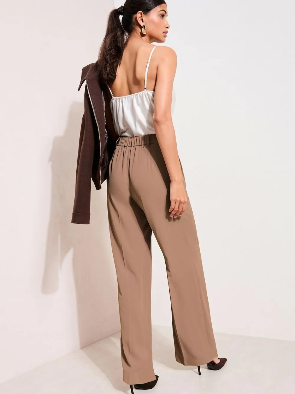 Outlet Friends Like These Petite Premium Elastic Back Tailored Wide Leg Trousers Neutral Latte