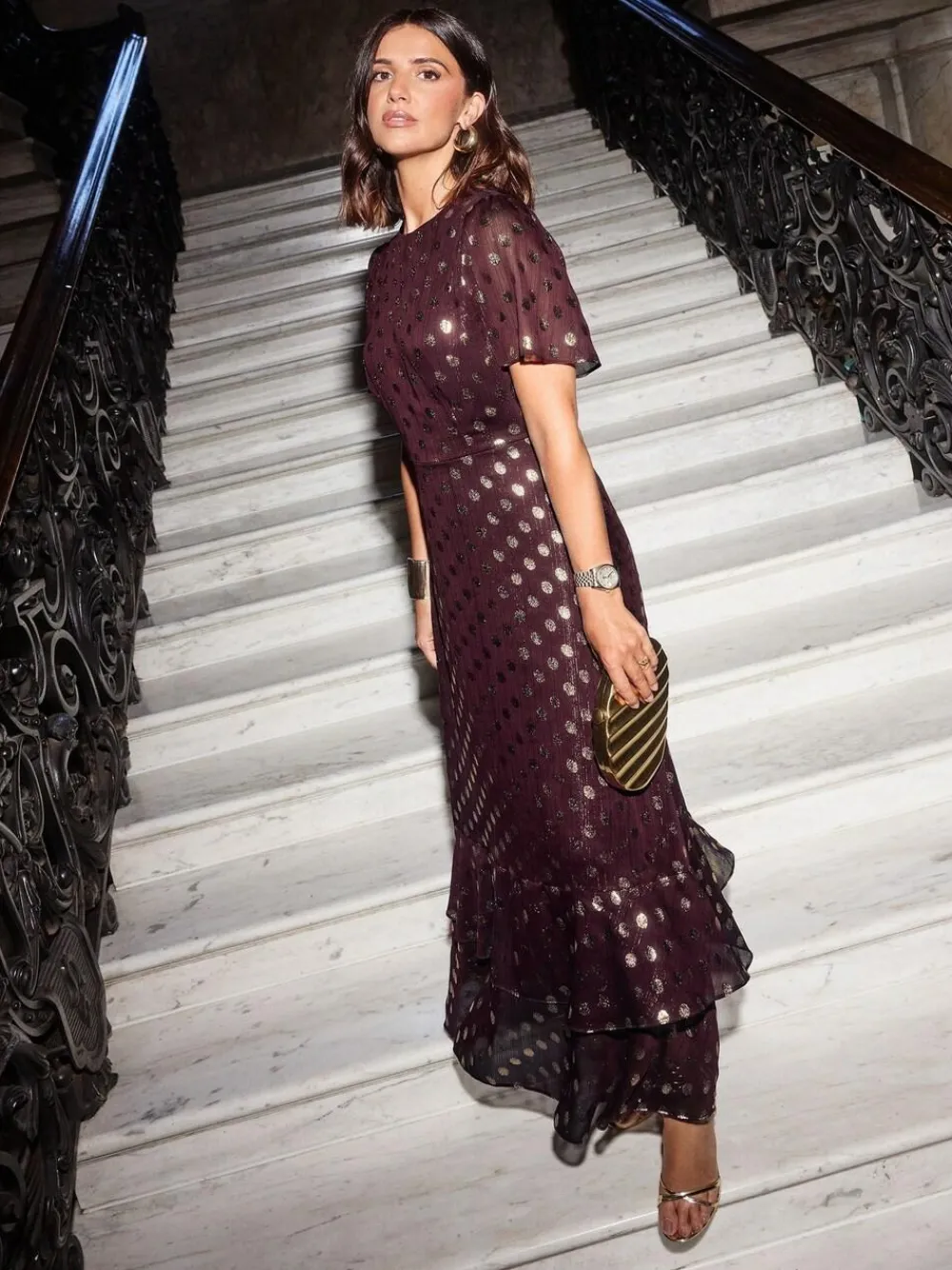 Clearance Friends Like These Foil Spot Short Sleeve Chiffon Tie Maxi Dress Red