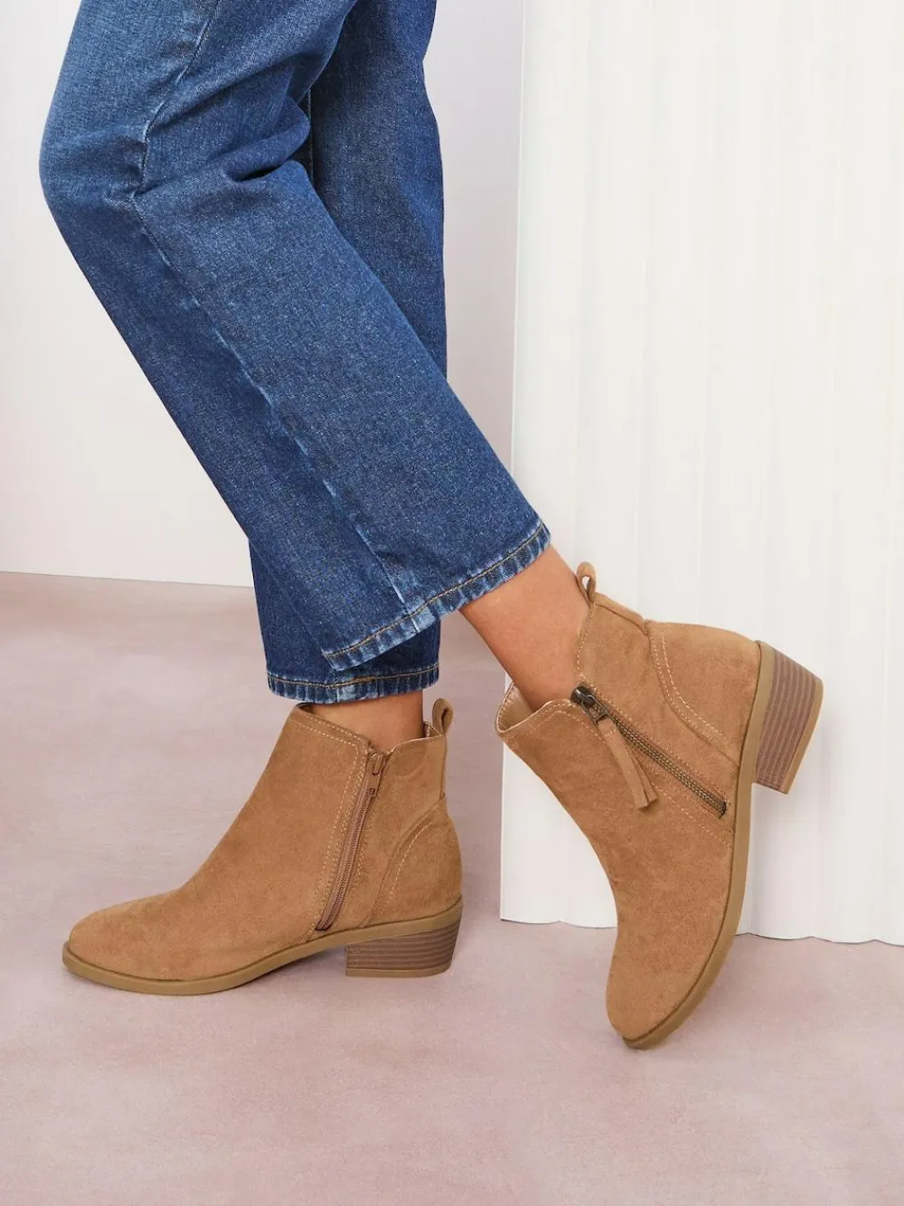 Sale Friends Like These Wide Fit Mid Block Heel Side Zip Faux Suede Cuban Boots Tan Brown