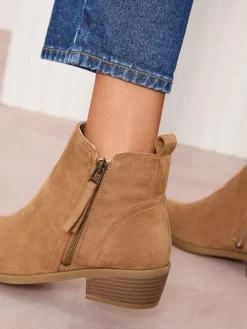 Sale Friends Like These Wide Fit Mid Block Heel Side Zip Faux Suede Cuban Boots Tan Brown