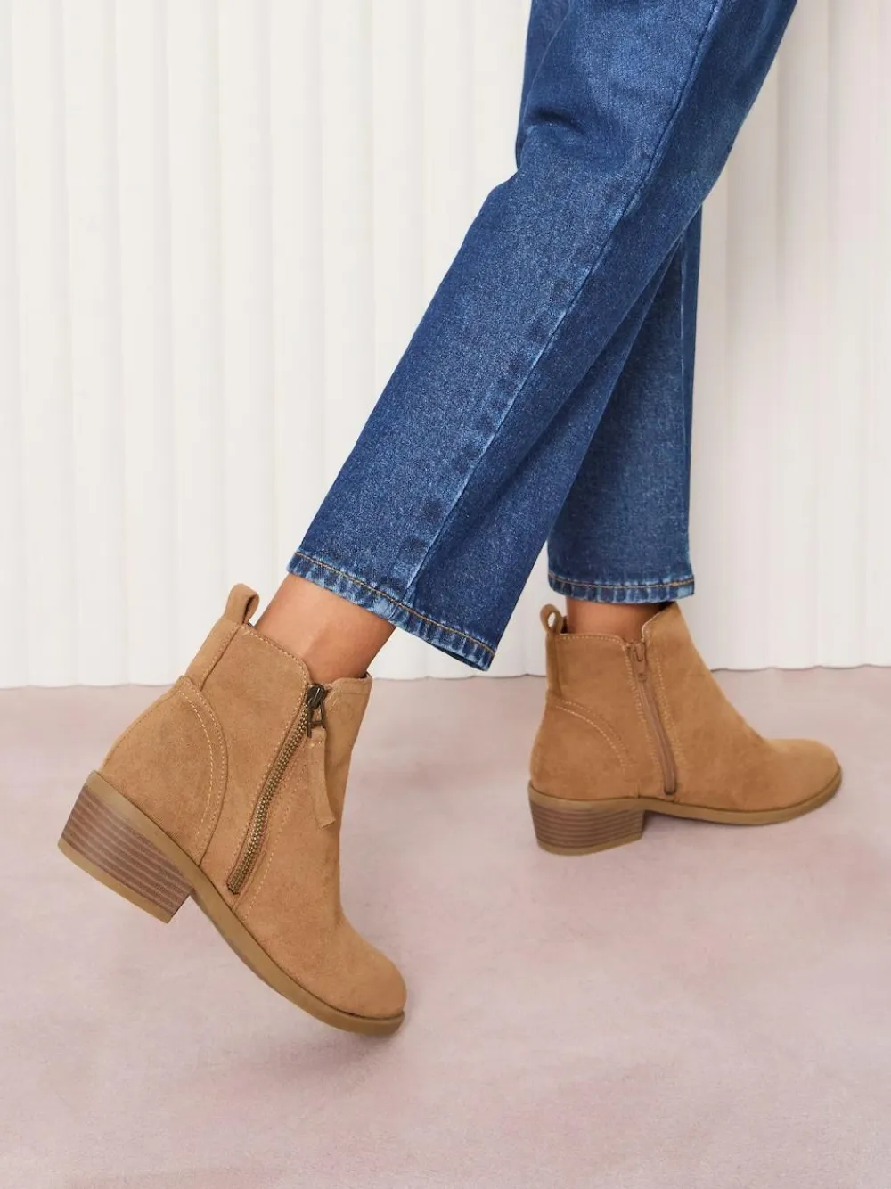Sale Friends Like These Wide Fit Mid Block Heel Side Zip Faux Suede Cuban Boots Tan Brown