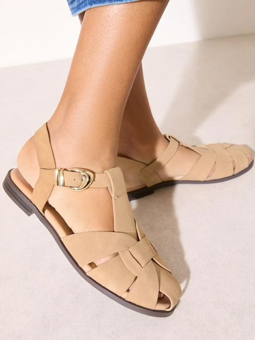 Friends Like These Taupe Faux Suede Closed Toe Flat Fisherman Casual Sandals^Women Occasionwear