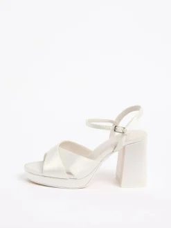 Clearance Friends Like These White Satin Mid Block Heel Cross Strap Platform Bridal Sandals