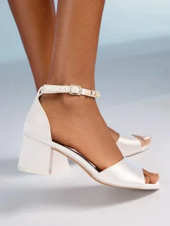 Friends Like These White Satin Low Block Heel Pearl Strap Bridal Sandals^Women Occasionwear