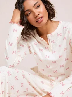 Outlet Friends Like These White/Pink Bow Pointelle Wide Leg Pyjamas