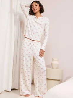 Outlet Friends Like These White/Pink Bow Pointelle Wide Leg Pyjamas