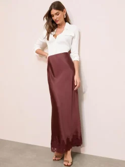 Clearance Friends Like These X Lucy Mecklenburgh Satin Lace Trim Maxi Skirt Brown