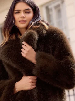Outlet Friends Like These X Lucy Mecklenburgh Belted Faux Fur Mid Length Coat Brown