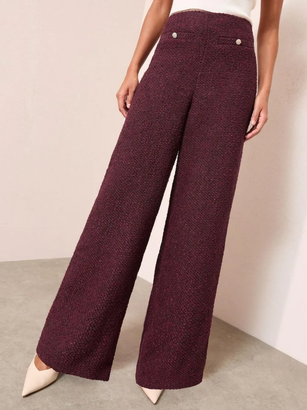 Friends Like These X Lucy Mecklenburgh Burgandy Boucle Wide Leg Trousers