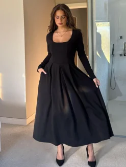Hot Girl In Mind Black Evie Square Neck Long Sleeve Midi Dress