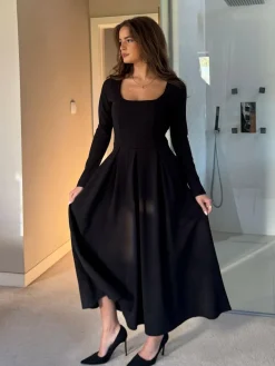 Hot Girl In Mind Black Evie Square Neck Long Sleeve Midi Dress