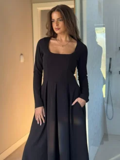 Hot Girl In Mind Black Evie Square Neck Long Sleeve Midi Dress