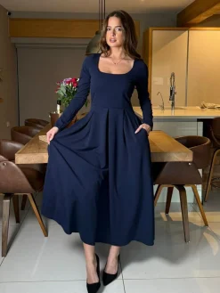 Online Girl In Mind Blue Evie Square Neck Long Sleeve Midi Dress