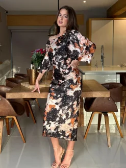 Online Girl In Mind Brown Leila Off the Shoulder Foiled Print Maxi Dress