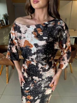 Online Girl In Mind Brown Leila Off the Shoulder Foiled Print Maxi Dress