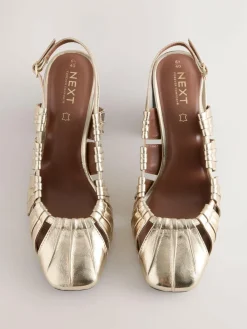 Next Gold Forever Comfort® Leather Slot Slingback Block Heels^Women Heels