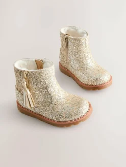 Next Gold Glitter Standard Fit (F) Chelsea Zip Tassel Ankle Boots^ Baby Boots|Boots