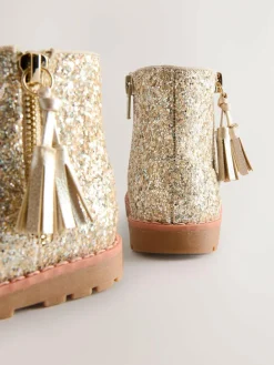 Next Gold Glitter Standard Fit (F) Chelsea Zip Tassel Ankle Boots^ Baby Boots|Boots