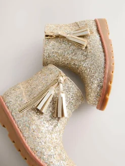 Next Gold Glitter Standard Fit (F) Chelsea Zip Tassel Ankle Boots^ Baby Boots|Boots
