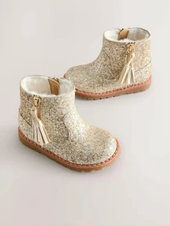 Online Next Gold Glitter Wide Fit (G) Chelsea Zip Tassel Ankle Boots