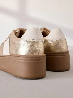 Next Lace Up Signature Premium Leather Chunky Wedge Lace-Up Trainers Gold