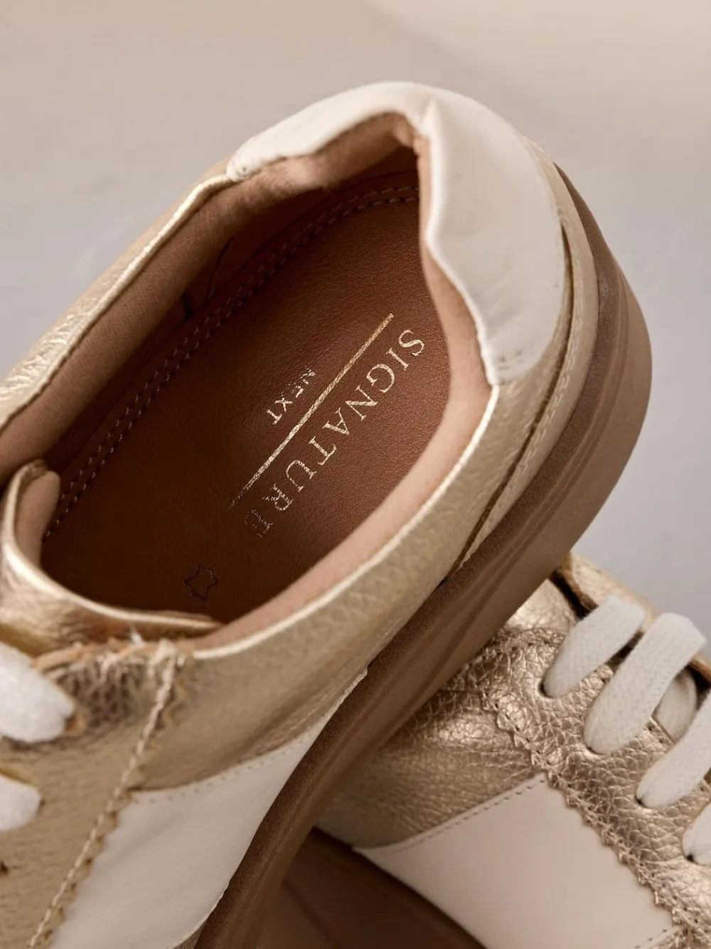 Next Lace Up Signature Premium Leather Chunky Wedge Lace-Up Trainers Gold