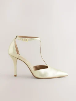 Outlet Next Leather T-Bar Pointed Toe Heels Gold