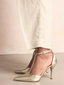 Outlet Next Leather T-Bar Pointed Toe Heels Gold