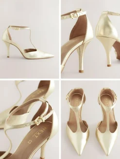 Outlet Next Leather T-Bar Pointed Toe Heels Gold