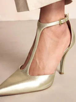 Outlet Next Leather T-Bar Pointed Toe Heels Gold