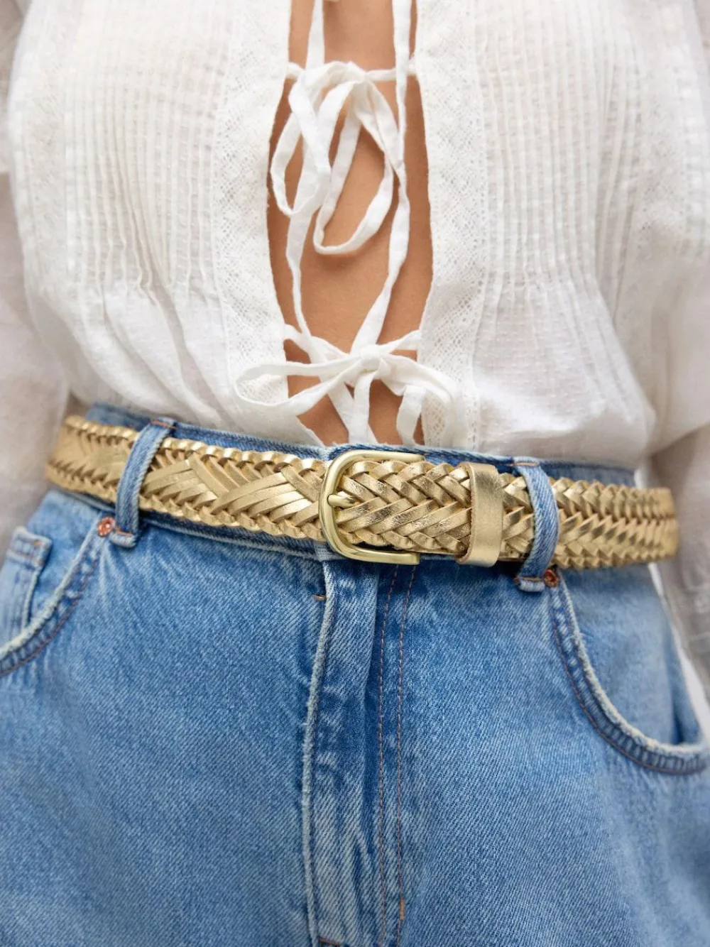 Online Next Hand Plaited Leather Belt Gold Tone