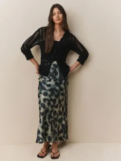 Next Satin Midi Skirt Green Animal Print