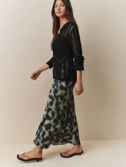 Next Satin Midi Skirt Green Animal Print