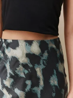 Next Satin Midi Skirt Green Animal Print