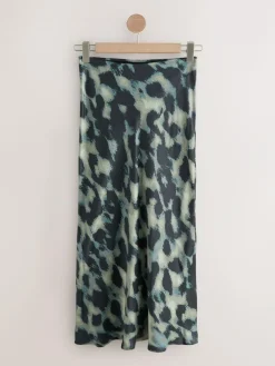 Next Satin Midi Skirt Green Animal Print