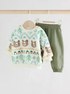 Discount Next Baby Fleece Top and Joggers Set (0mths-2yrs) Green Bear Fairisle