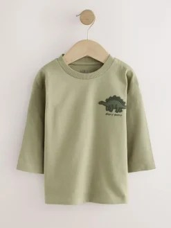 Next Green Dinosaur Long Sleeve Graphic Print T-Shirts 3 Pack (3mths-7yrs)