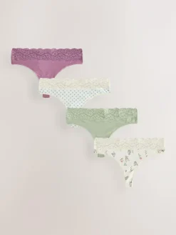 New Next Green Ditsy Floral Thong Cotton Lace Knickers 4 Pack