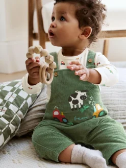 Next Green Farm Cord Dungarees and Bodysuit Set (0mths-2yrs)^BOY Rompers & Overalls|Dungarees
