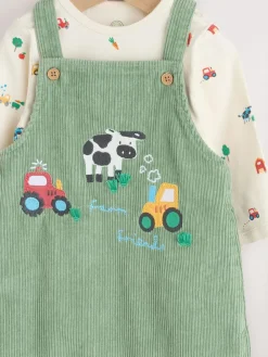 Next Green Farm Cord Dungarees and Bodysuit Set (0mths-2yrs)^BOY Rompers & Overalls|Dungarees