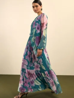 Next Green Floral Long Sleeve Mesh Maxi Dress^Women Occasion Dresses|Maxi Dresses