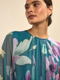 Next Green Floral Long Sleeve Mesh Maxi Dress^Women Occasion Dresses|Maxi Dresses