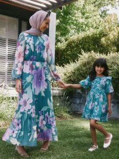 Next Green Floral Long Sleeve Mesh Maxi Dress^Women Occasion Dresses|Maxi Dresses